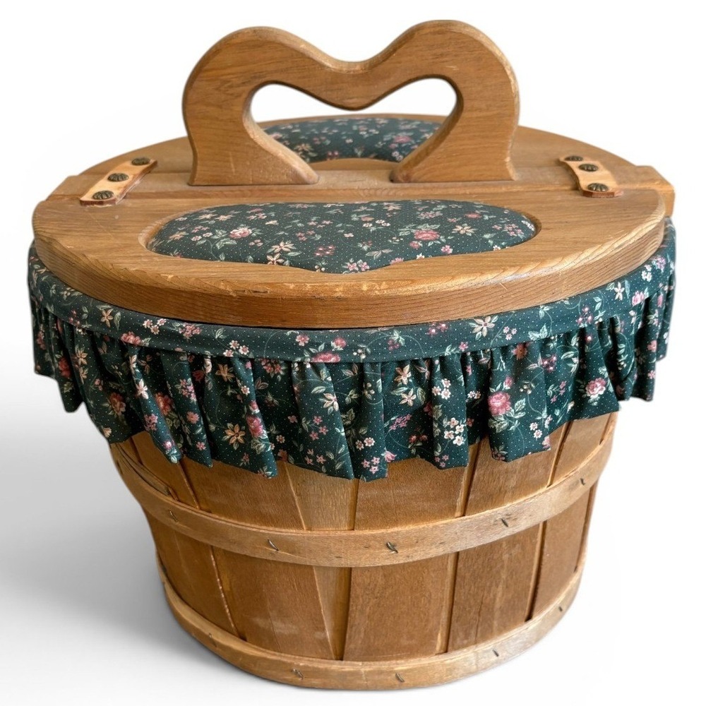 Vintage Wooden‎ Slat Picnic Sewing Gathering Basket Heart Handle Cottagecore